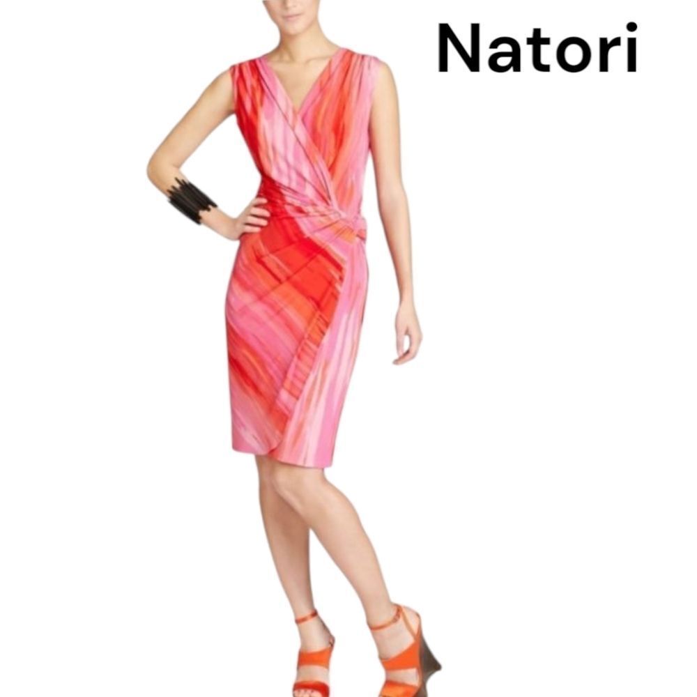 Natori Red Pink Watercolor Ruched Sheath Dress V-Neck Sleeveless Cocktail Small